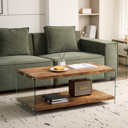 Lisonu Modern Coffee Table, 43-Inch Rectangular Tea Table with Tempered Glass Top and Walnut Finish MDF Base for Living Room
