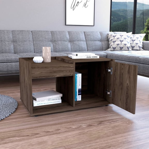 Lisonu Modern Coffee Table with Storage Cabinet and Open Shelf, Rectangular Living Room Cocktail Table, Particle Board, Dark Walnut Finish