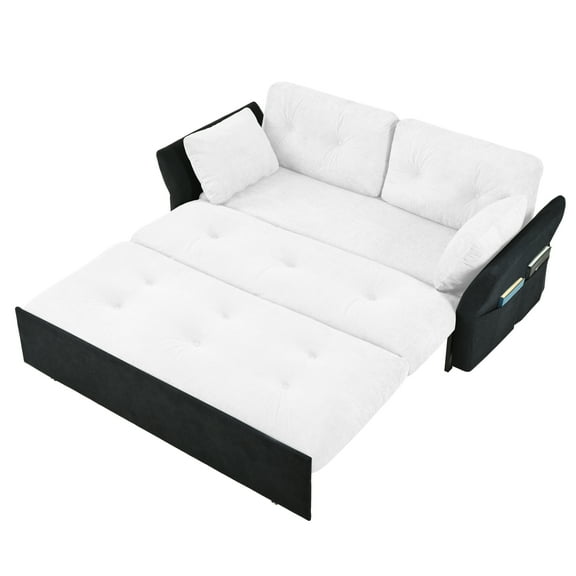 Lisonu Modern Convertible Sleeper Sofa Bed with Pull-Out Queen Design, Side Storage & Thick Cushions - White Chenille Loveseat for Living Room or Bedroom - 3-in-1 Function