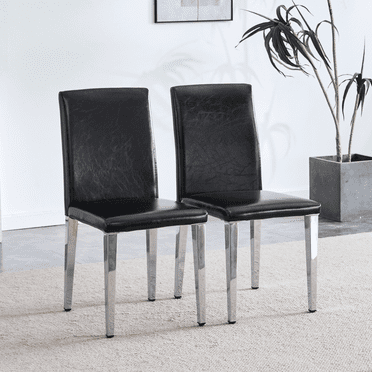 Lisonu Modern Dining Chairs, Set of 2, Black Faux Leather Kitchen Chairs with Polished Chrome Legs, Contemporary Upholstered Side Chairs for Dining Room