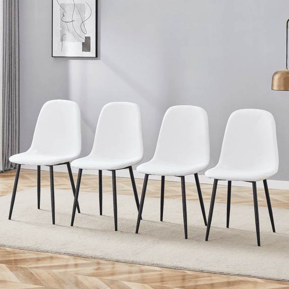 Lisonu Modern Dining Chairs Set of 4, White Linen-Cotton Upholstered Kitchen Chairs with Sturdy Black Metal Legs, Contemporary Side Chairs for Dining Room