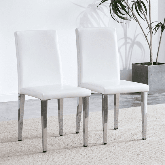 Lisonu Modern Dining Chairs Set of 2, White PU Leather Kitchen Chairs with Silver Metal Legs, Minimalist Accent Side Chair for Dining Room