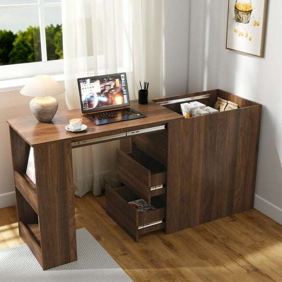 Lisonu Modern Extendable Corner Computer Desk, Home Office Desk with 2 Drawers & Storage Shelves, Particle Board Study Writing Desk Workstation for Small Spaces, Walnut
