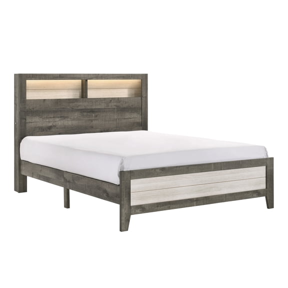Lisonu Modern Farmhouse Queen Platform Bed, Plank-Style Headboard with Built-in LED Lighting, Two-Tone Wood Frame in Gray and Beige