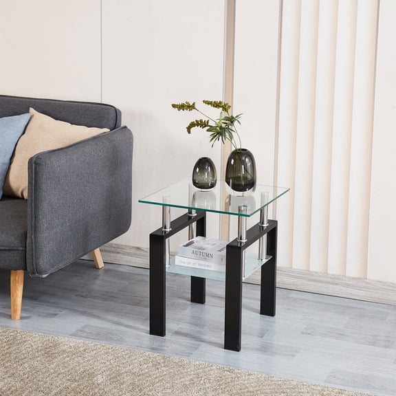 Lisonu Modern Glass End Table, 2-Tier Square Side Table with Storage Shelf, Clear Tempered Glass and Metal Nightstand for Living Room