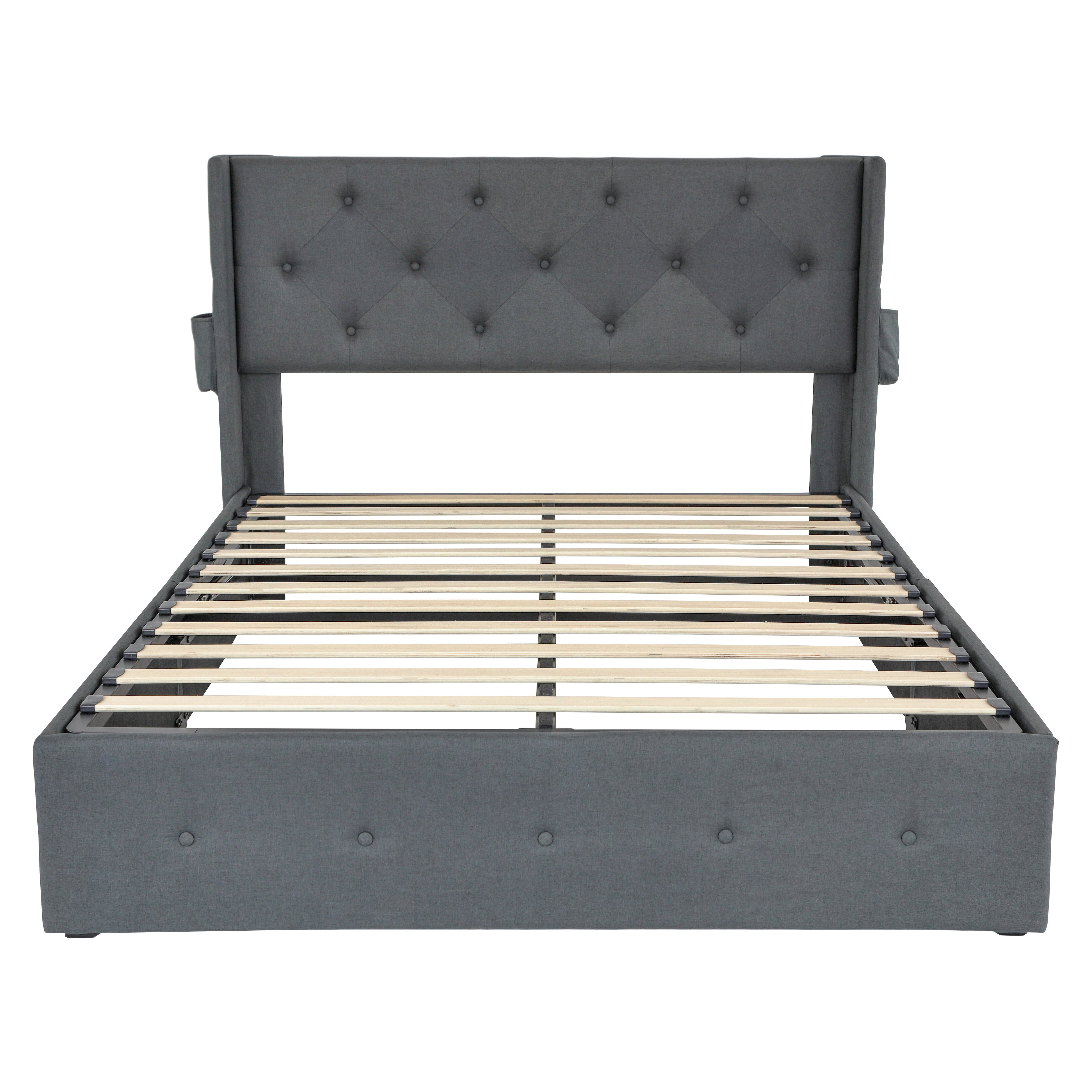Lisonu Modern Queen Size Bed Frame with Storage, Wingback Headboard, USB Ports, Dark Gray Upholstered