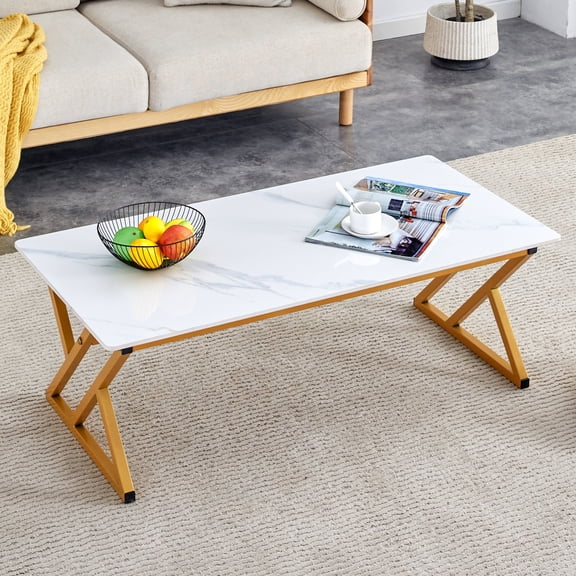 Lisonu Modern Rectangular Coffee Table, 47" Sintered Stone Faux Marble Top, Cocktail Table with Gold Metal X-Base for Living Room, White and Gold