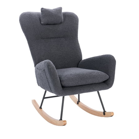 Lisonu Modern Rocking Chair, Upholstered High Back Accent Rocker, Cozy Teddy Fabric Glider for Living Room, Bedroom or Lounge, Ergonomic Armchair with Wood Base, Dark Grey
