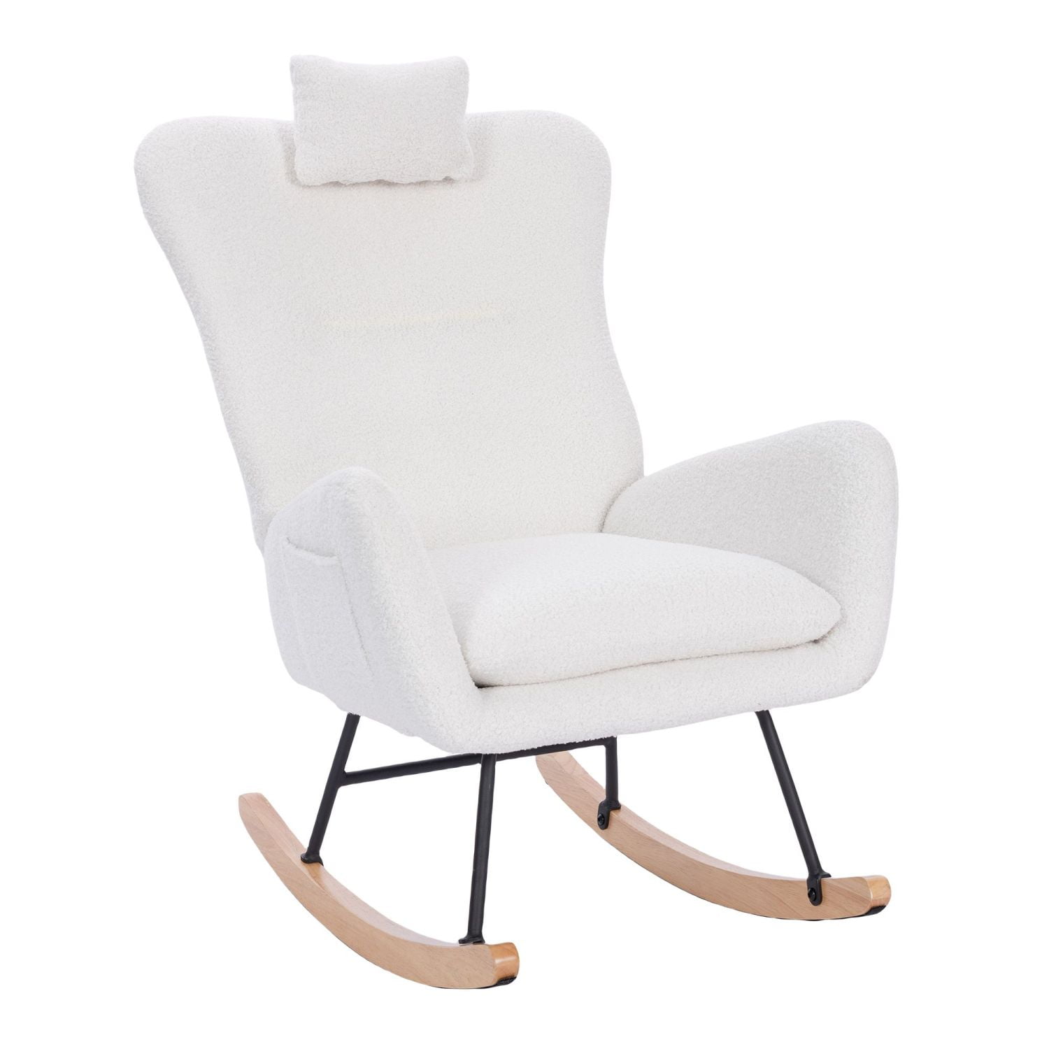 Lisonu Modern Rocking Chair, Upholstered High Back Accent Rocker, Cozy White Teddy Fabric Glider for Living Room or Bedroom, Ergonomic Armchair with Wood Base, White
