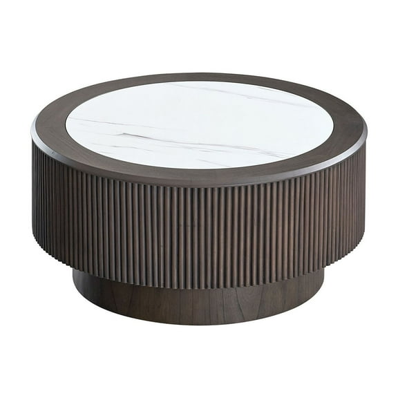 Lisonu Modern Round Coffee Table, 31.5" Chic Faux Marble Top Accent Table with Dark Brown Pedestal Base for Living Room