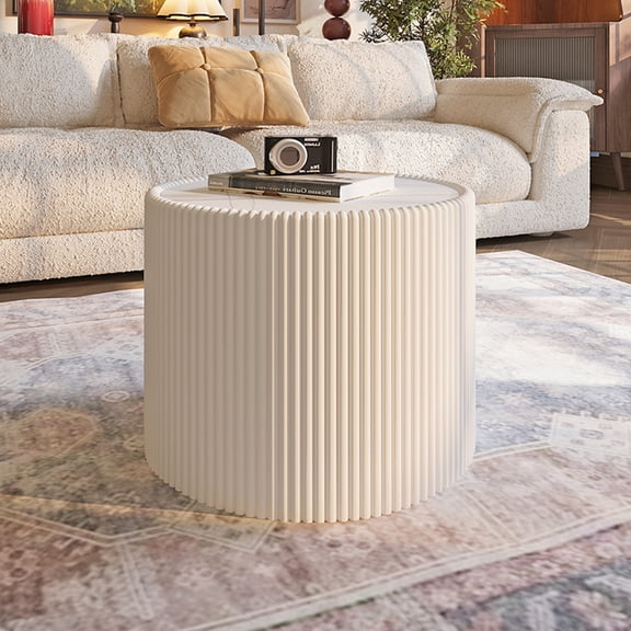 Lisonu Modern Round Side Table with Sintered Stone Top, Luxury Leather Wrapped End Table with Brass Base, 18 Inch Cylinder Drum Nightstand for Living Room & Bedroom, Milk White