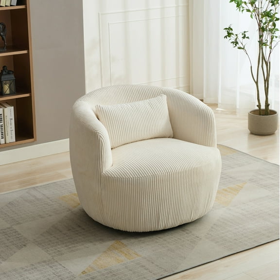 Lisonu Modern Swivel Barrel Chair, Upholstered Accent Armchair in Ivory Corduroy for Living Room & Bedroom Decor