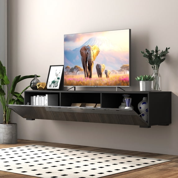 Lisonu Modern Wall Mounted TV Stand - Floating Media Console with Drop-Down Cabinets & Open Shelf, Black Particle Board/MDF, 63in Wide for Living Room, Sleek Minimalist Design