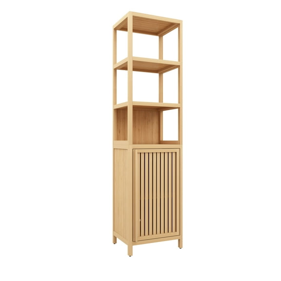 Lisonu Natural Bamboo Storage Tall Slim Cabinet with Shutter Door and 3 Tier Shelves for Living Room, Kitchen, Bathroom