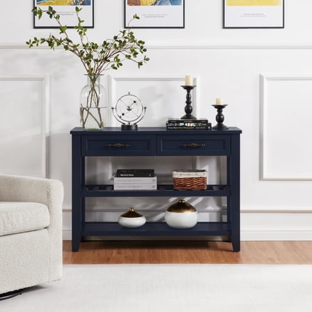 Lisonu Navy Blue Retro Console Table with 2 Drawers & Shelves, Solid Pine Wood Frame, Modern Entryway Table for Living Room