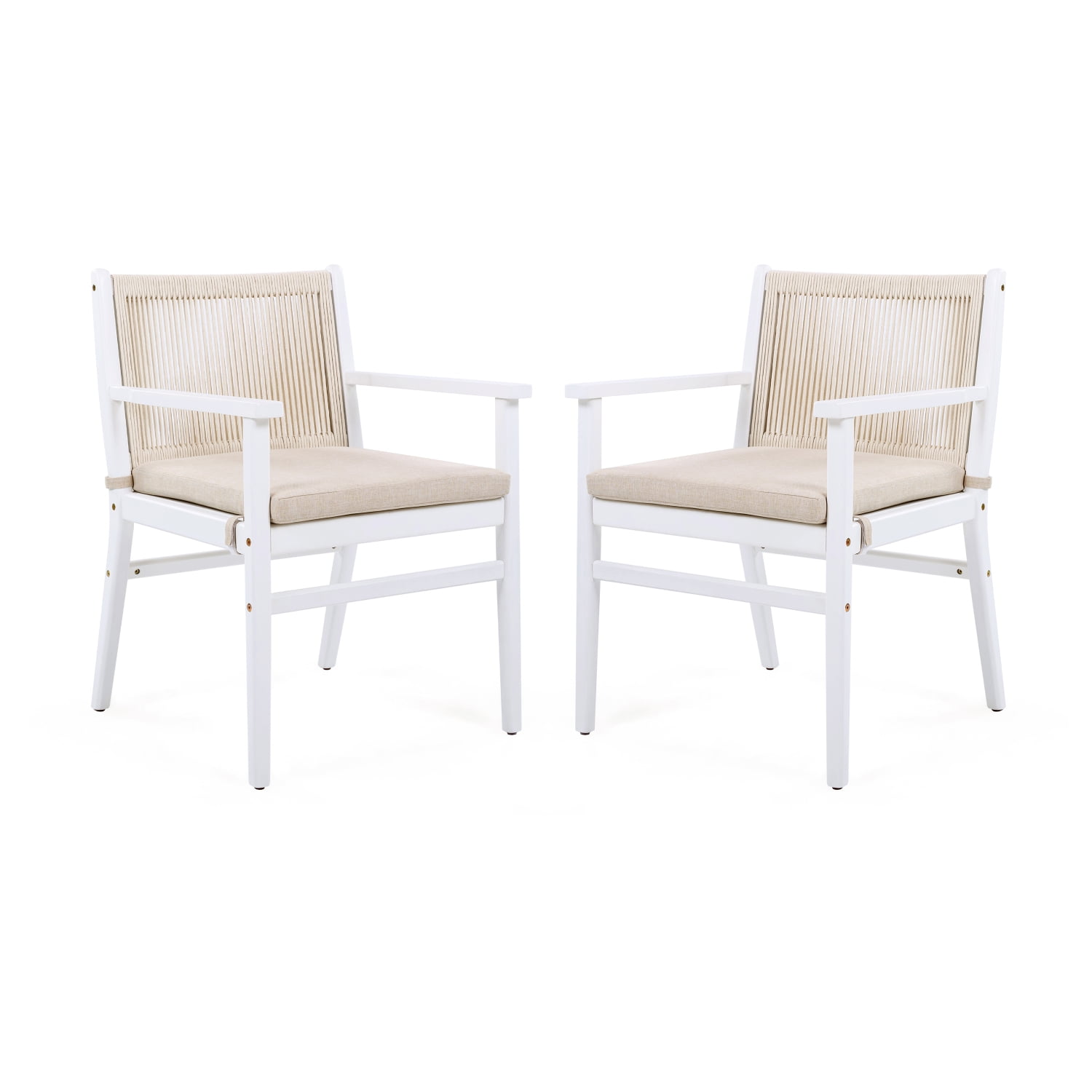 Lisonu Outdoor Dining Chairs, Set of 2, Modern Patio Armchairs with Woven Rope Back, White Acacia Wood Frame & Beige Water-Repellent Cushions