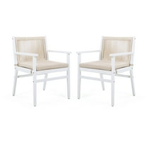 Lisonu Outdoor Dining Chairs, Set of 2, Modern Patio Armchairs with Woven Rope Back, White Acacia Wood Frame & Beige Water-Repellent Cushions