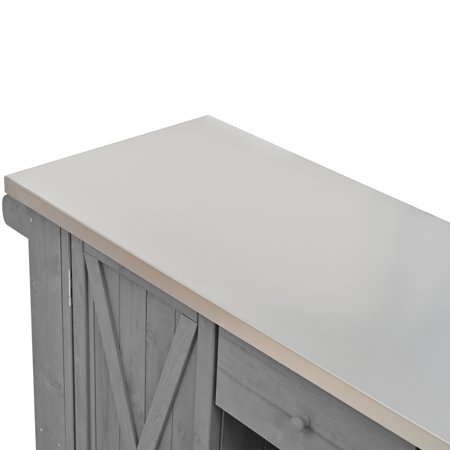 Lisonu Outdoor Kitchen Island with Foldable Stainless Steel Top, Solid Fir Wood Rolling Prep Table with Storage for BBQ, Grey