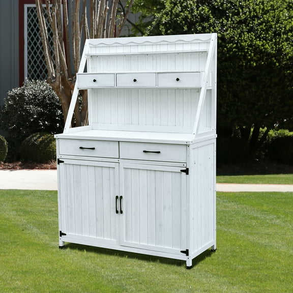 Lisonu Outdoor Potting Bench, White Fir Wood Gardening Table with Storage Cabinet and Drawers, 64.5x45.5x18.9 inches