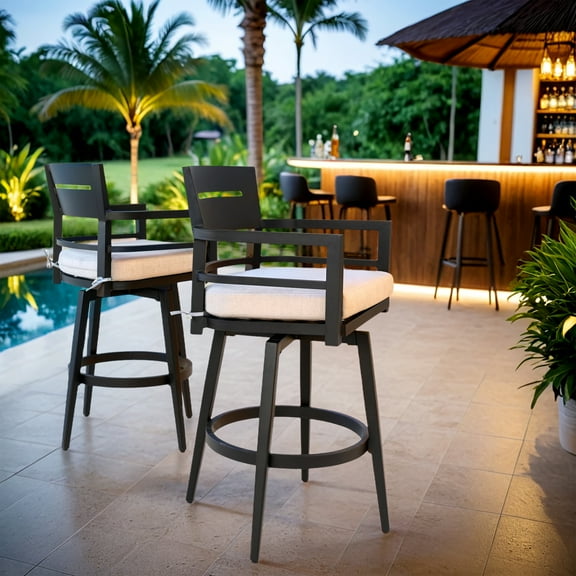 Lisonu Outdoor Swivel Bar Stools Set of 2, 360° Rotating High Bar Chairs for Patio & Poolside, Ember Black Aluminum Frame, Ergonomic, All-Weather Sunbrella Cushions (Cast Silver)