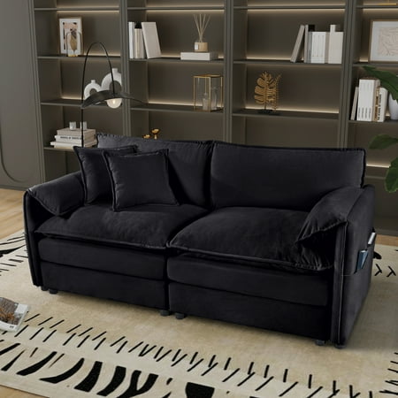 Lisonu Oversized Chenille Loveseat Sofa - Extra Deep 2-Seater Cloud Couch, Modular DIY Combination, Medium-Firm Foam Dual-Layer Cushions, Modern Minimalist Black for Living Room Apartment