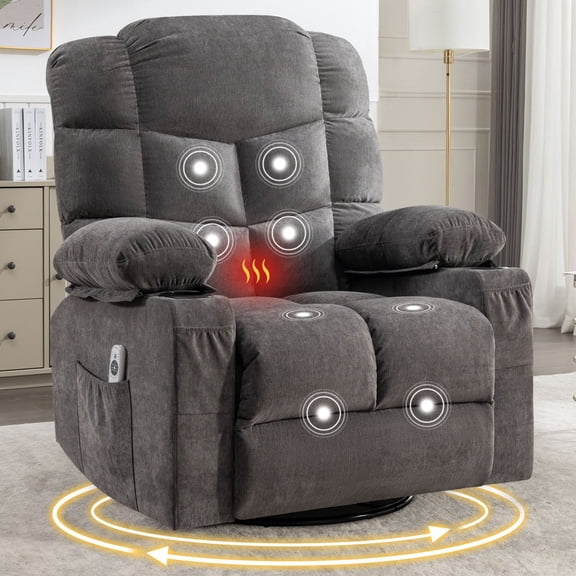 Lisonu Oversized Massage Swivel Recliner Chair with Lumbar Heating, 360° Swivel & Rocker, 23" Wide Seat, Linen Upholstery, Dual Cup Holders & USB Charging – Gray