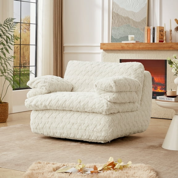 Lisonu Oversized Swivel Accent Chair, Comfy Ergonomic Lounge Chair with Memory Foam for Living Room & Bedroom, White Corduroy Cuddle Chair