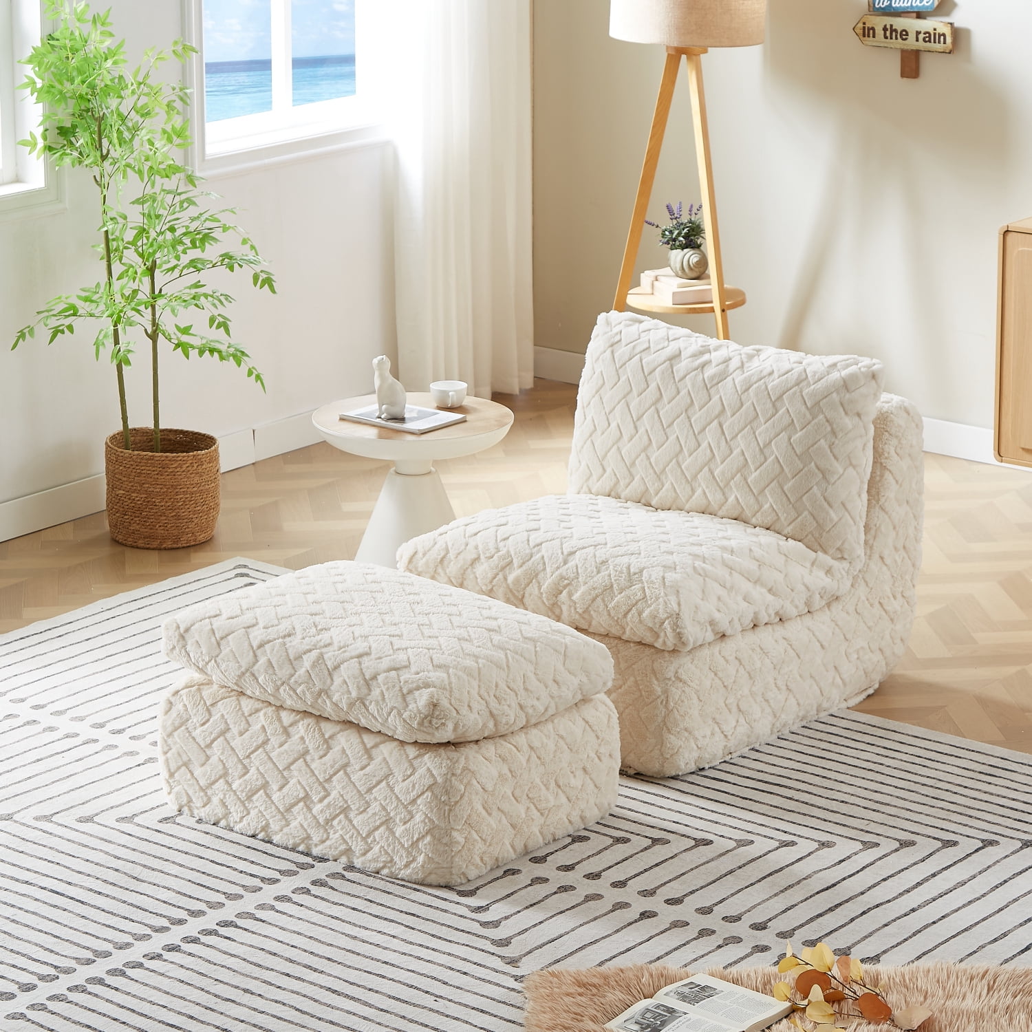 Lisonu Oversized Swivel Chair and Ottoman Set, Comfy Ergonomic Lounge Chair with Memory Foam for Living Room & Nursery, White Corduroy