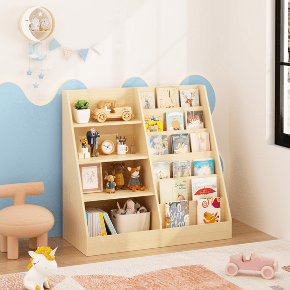 Lisonu Playroom Bookshelf and Storage Organizer, 3-Tier Wooden Bookcase with Forward-Facing Shelves and Bin for Nursery, Natural