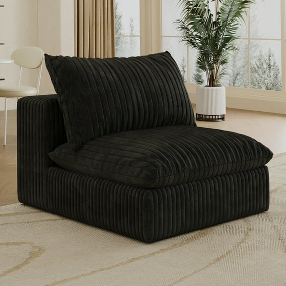 Lisonu Plush Cloud Sofa, Feather-Filled Deep Seat Couch in Black Corduroy, Modular Single Seat for Living Room, No Assembly