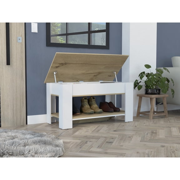 Lisonu Polgon Lift Top Coffee Table with Hidden Storage, Particle Board Storage Bench with Lower Shoe Rack Shelf for Living Room, Light Oak & White