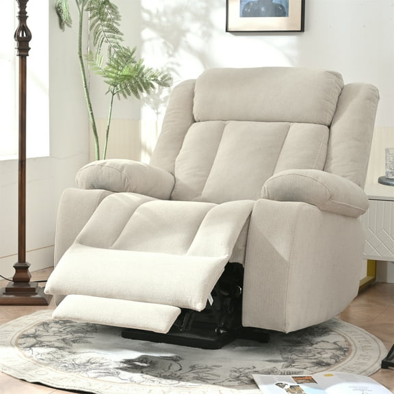 Lisonu Power Lift Recliner Chair for Elderly with Extended Footrest, White Oversized Fabric Armchair, Electric Reclining Sofa with Cup Holders