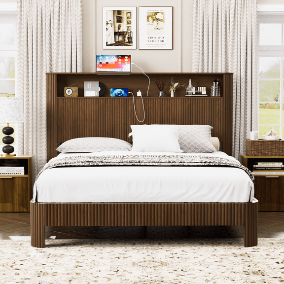 Lisonu Queen Size Bed Frame with Storage Headboard and Charging Station, Modern Platform Bed with Wavy Design, Noise-Free Metal Support, No Box Spring Needed, Walnut