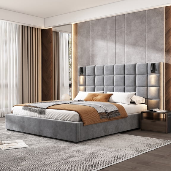 Lisonu Queen Size Upholstered Bed Frame Gray Velvet — Wide Padded Headboard with Adjustable Wall Sconce and USB Port, Plush Foam & Plywood Construction, Easy Assembly