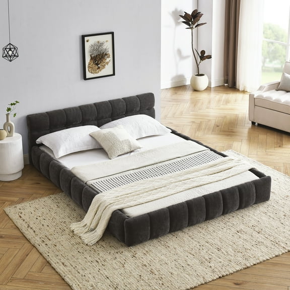 Lisonu Queen Upholstered Platform Bed Frame, Modern Low-Profile "Grounded" Bed with Headboard, Dark Grey Chenille Fabric, No Box Spring Needed, Solid Frame
