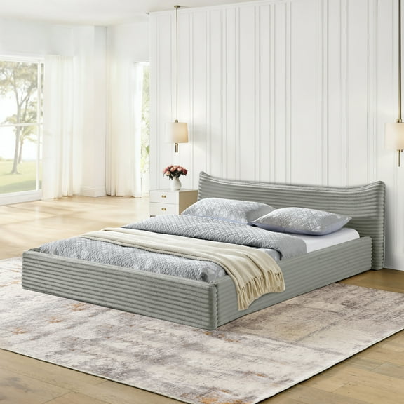 Lisonu Queen Upholstered Platform Bed, Modern Low-Profile Grounded Bed Frame with Curved Headboard, Velvet Fabric, Dark Grey