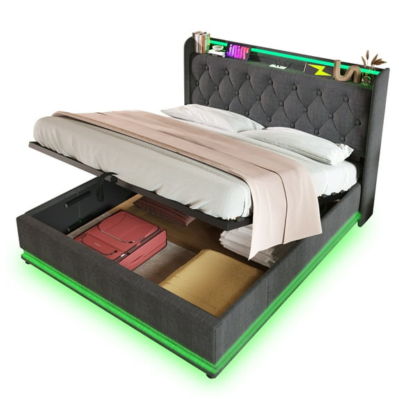 Lisonu Queen size Upholstered bed, 360 surround LED function, Buttons/Apps/Remote Control, hydraulic storage bed with USB Type-C charging, Gray, Linen (Without mattress)