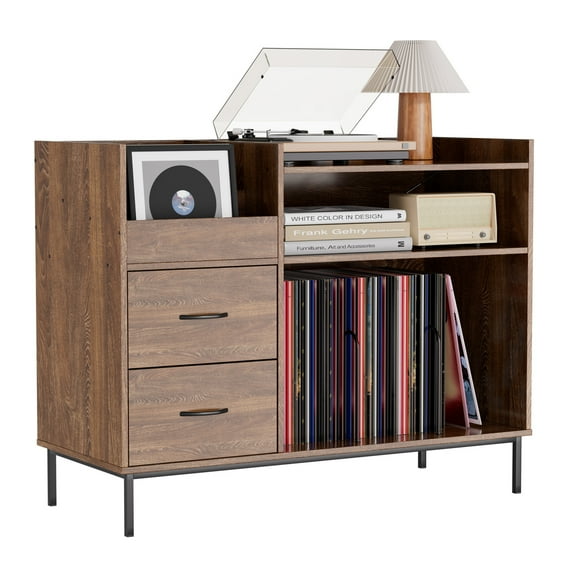 Lisonu Record Player Stand with Vinyl Storage for 350+ Albums, Mid-Century Media Console & Turntable Stand with Adjustable Shelves, Speaker Shelf, and 2 Drawers, Brown Wood Grain Finish