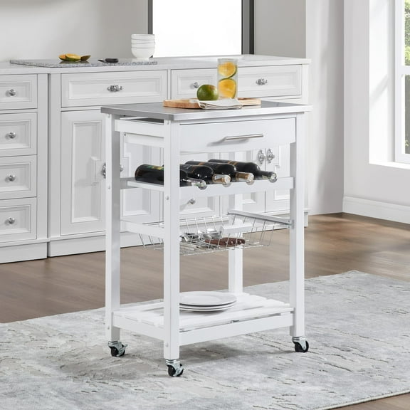 Lisonu Rolling Kitchen Island Cart, 23" Mobile Serving Trolley with Stainless Steel Top & Wood Frame, White Utility Cart with Storage Drawer and Wire Basket for Food Prep