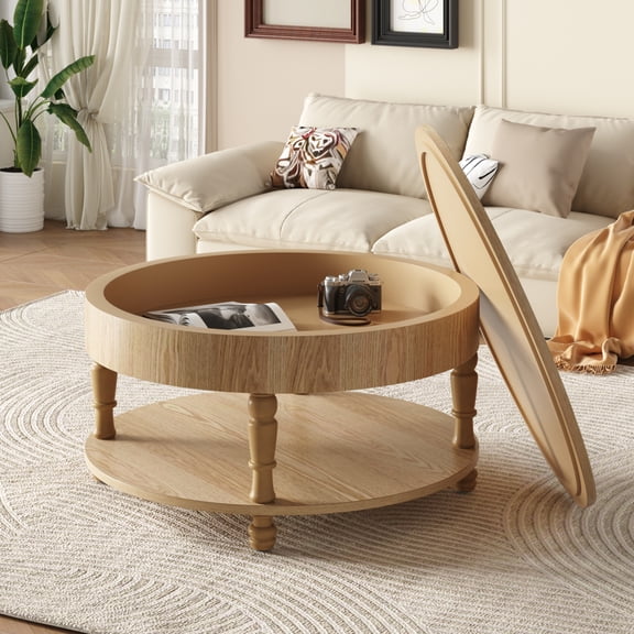 Lisonu Round Coffee Table with Storage, Flip-Top Hidden Compartment & Open Shelf, 31.5" Natural Wood Modern Living Room Table with Solid Wood + MDF Construction and Leveling Feet