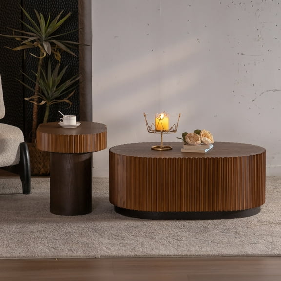 Lisonu Round Nesting Coffee Table Set of 2, Modern Fluted Side Tables with Handcrafted Wave Edge, Solid Wood & MDF Circle Center Table for Living Room, Natural Wood