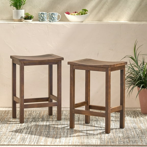Lisonu Rustic Acacia Wood Counter Height Stools, Set of 2, 24.5-Inch Backless Barstools for Kitchen Island or Outdoor Patio Bar, Mahogany Brown Finish