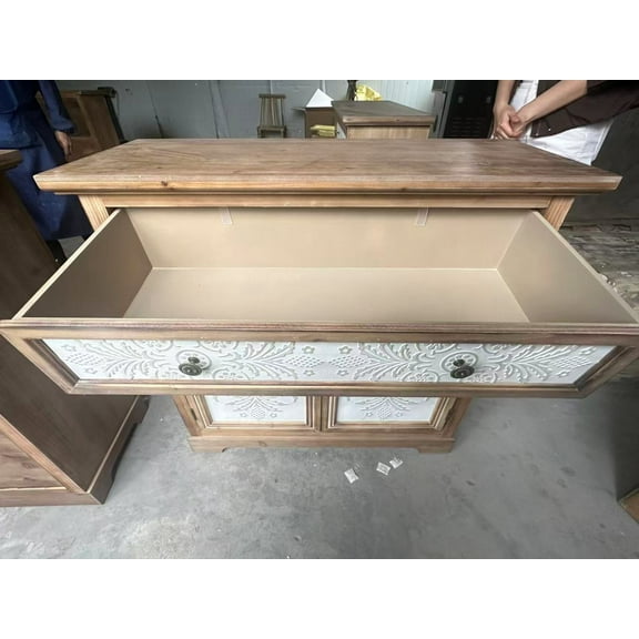 Lisonu Rustic Farmhouse Accent Cabinet, 35" Distressed Sideboard with Carved Floral Doors and Drawer for Entryway, White & Brown