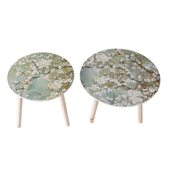 Lisonu Set of 2 Round Side Tables, Accent Table Set with Cherry Blossom Top and Tripod Legs, MDF End Tables for Living Room or Bedroom Decor, Blue & White