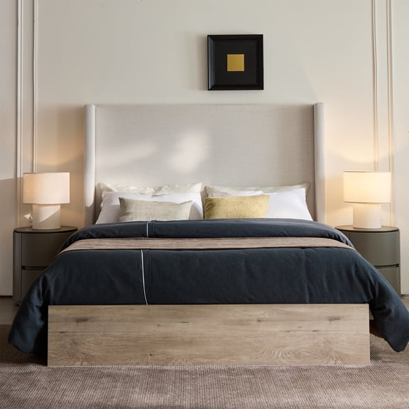 Lisonu Shelton Queen Upholstered Wingback Platform Bed, 54" Tall Headboard, No Box Spring Needed, Textured Ivory Chenille & Rustic Oak Wood Base, Modern Farmhouse Style