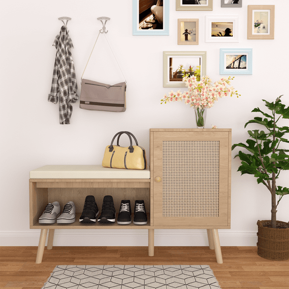 Lisonu Shoe Storage Bench with Cushion, 39.4" Modern Entryway Bench with Natural Rattan Doors, 2 Adjustable Shelves, and Shoe Rack for Hallway, Natural Wood Finish
