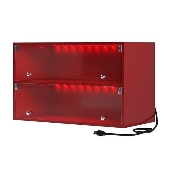 Lisonu Shoe Storage Cabinet with Glass Doors, Red Sneaker Display Case with RGB LED Lights, Modern Wood Organizer Box for 6 Pairs