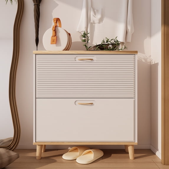Lisonu Slim Shoe Cabinet, White & Natural Wood. 2 Flip Drawer Shoe Rack for Entryway, Holds 8-16 Pairs. MDF Organizer with Wood Legs, 9.45" Deep.