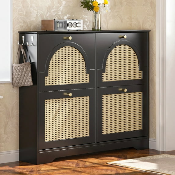 Lisonu Slim Tipping Bucket Shoe Cabinet, Mid-Century Modern 4-Drawer Shoe Organizer with Rattan Doors, Narrow Black MDF Freestanding Rack for Entryway, Hallway