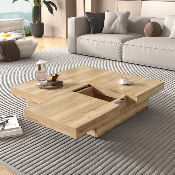 Lisonu Square Sliding Top Coffee Table with Storage 39.4" x 39.4" Natural Wood Grain MDF - 120 lb Capacity Pedestal Base, Modern Living Room Centerpiece, Assembly Required